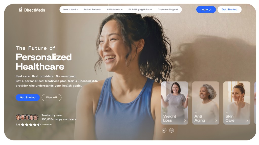 Direct Meds homepage navigation and introductory section