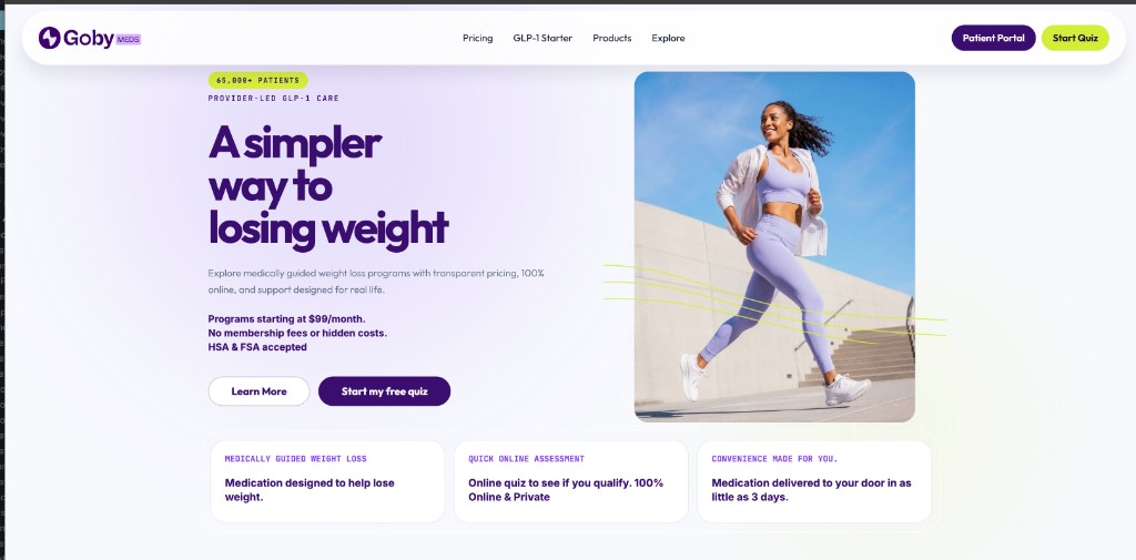 Goby Meds homepage navigation and introductory section